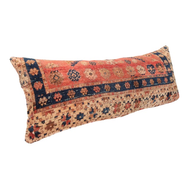 Antique Handwoven Red & Navy Rug Pillow – Home Décor Accent -16'' X 39'' For Sale