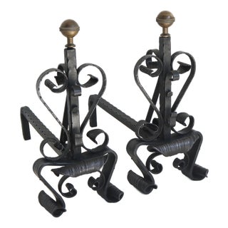 Antique Hand-Forged Wrought Iron Andirons, 1890s, Set of 2 For Sale