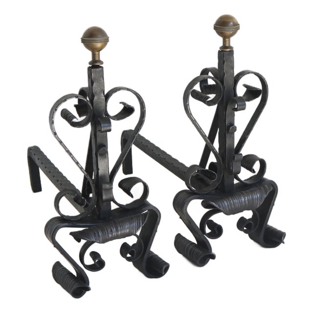 Antique Hand-Forged Wrought Iron Andirons, 1890s, Set of 2 For Sale