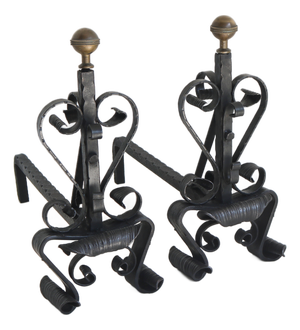 Antique Hand-Forged Wrought Iron Andirons, 1890s, Set of 2