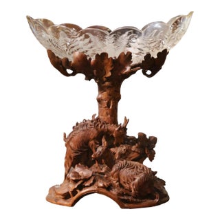 19th Century Swiss Black Forest Carved Walnut and Etched Crystal Centerpiece For Sale