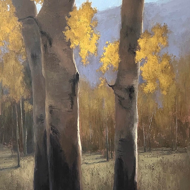 Contemporary Golden Aspens by Jane Hunt | Oil on panel Painting of aspen trees with golden leaves For Sale - Image 3 of 4