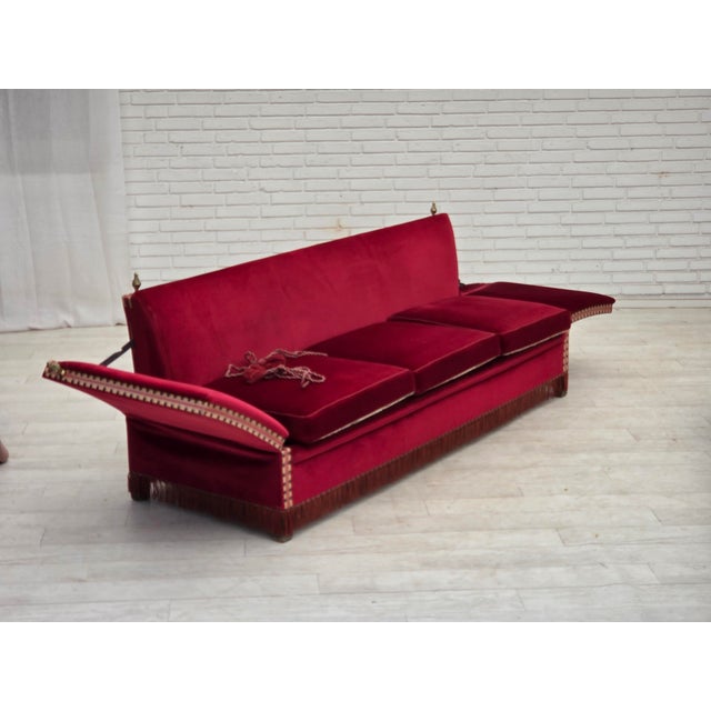 Danish Three-Seater Drop Arm Spanish Sofa in Red Furniture Velour, 1970s For Sale - Image 12 of 18