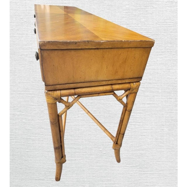 2010s Solid Wood Rattan Fluted Front Coastal Regency Lexington 2 Drawer Bamboo Console Table For Sale - Image 5 of 10