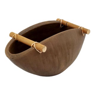 Large Vintage Japanese Ikebana Style Ceramic and Bamboo Decorative Bowl For Sale