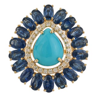 14k Yellow Gold 8.41ct Turquoise, Blue Sapphire & Diamond Floral Art Deco Ring Size 4 For Sale