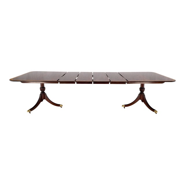 Double Pedestal 4 Leafs Banded Mahogany Dining Table by Kittinger For Sale