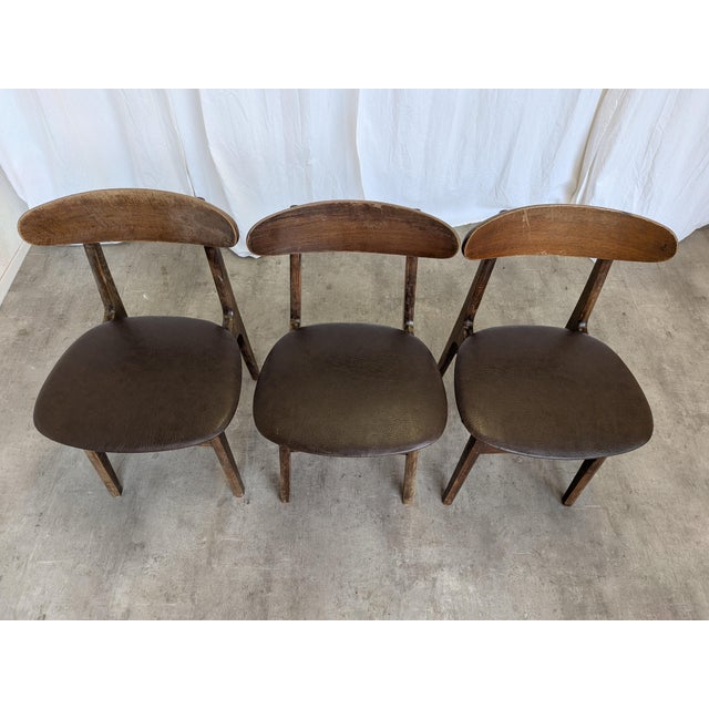 Mid-Century Modern Vintage Wooden Dining Chairs with Brown Leather Seats, 1970s, Set of 3 For Sale - Image 3 of 18