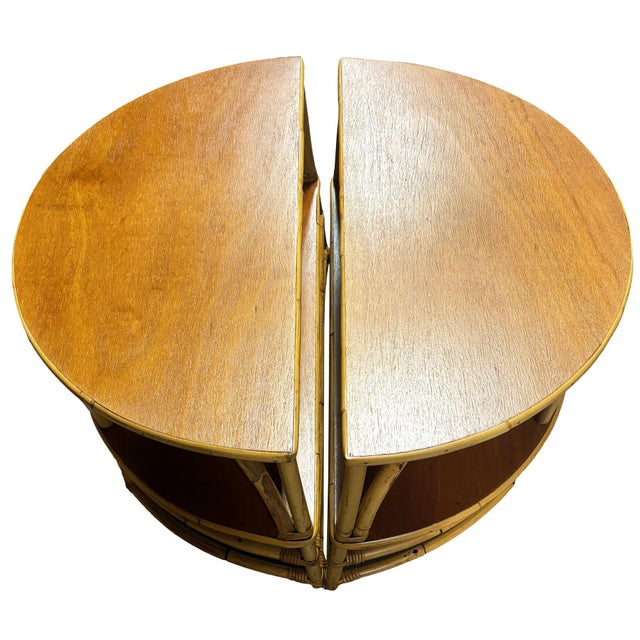 1950s Restored Rattan & Mahogany Half Moon Side Table, Pair Chairish