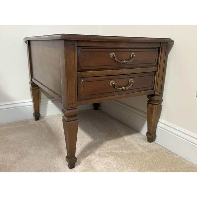 Mid-Century Modern Vintage Mid Century Walnut Rectangular 2-Drawer Side Table with Straight Legs For Sale - Image 3 of 10