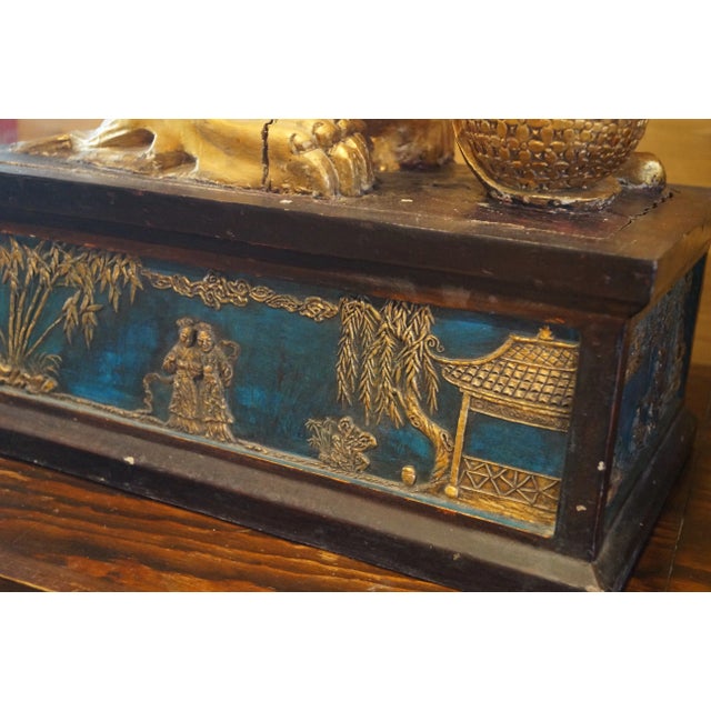 Gold Large Pair of 1940s Japanese Carved Wood Foo Dogs For Sale - Image 8 of 11