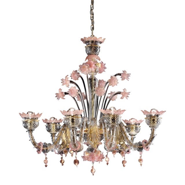 Early 21st Century Venetian Gold and Pink Floral Murano Glass Chandelier For Sale