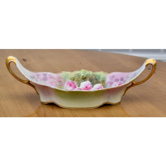 Early 20th Century Signed Limoges Nappy Dish Elite Works Leaf Hand Painted Pink Roses Gold For Sale - Image 5 of 14