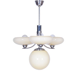 Art Deco Chandelier in Chrome-Plated Steel and Opal Glass, Czech, 1920s For Sale