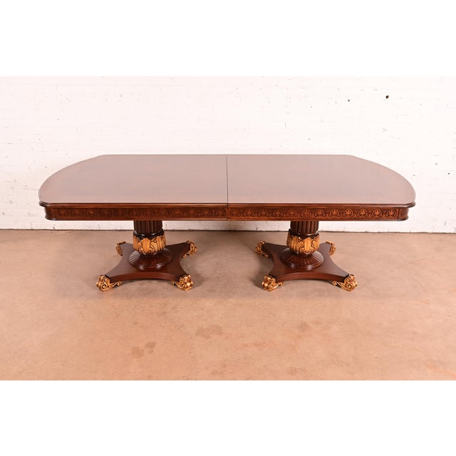Brown Karges Furniture Style Italian Neoclassical Inlaid Burl Wood and Parcel Gilt Extension Dining Table, Newly Refinished For Sale - Image 8 of 16