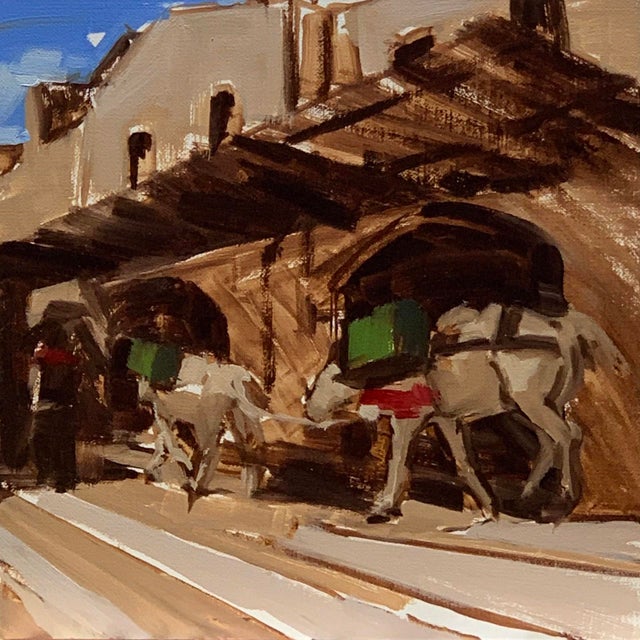 In "Donkey Tales 3," two donkeys laden with green packs navigate a sunlit street, their sturdy forms contrasting with the...