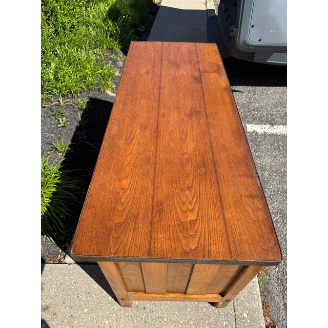 Early 20th Century Vintage Industrial Desk With Integrated Swing-Out Stools For Sale - Image 5 of 18