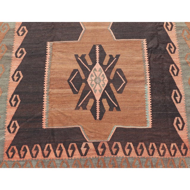 Vintage Turkish Kars Kilim With Bold Medallions in Warm Brown, Orange, and Sage For Sale - Image 10 of 13