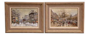 Framed Oil on Canvas Parisian Street Scenes Signed Antoine Blanchard - a Pair