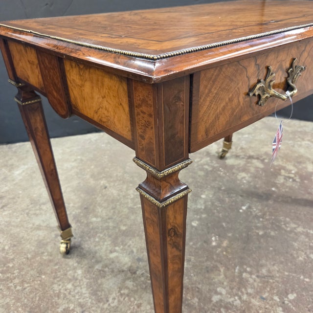 Wood Mid 19th Century Regency Walnut & Rosewood Inlaid Table W/2 Drawers, Brass Beading, Ornate Handles, on Square Tapered Legs on Brass Casters For Sale - Image 7 of 15