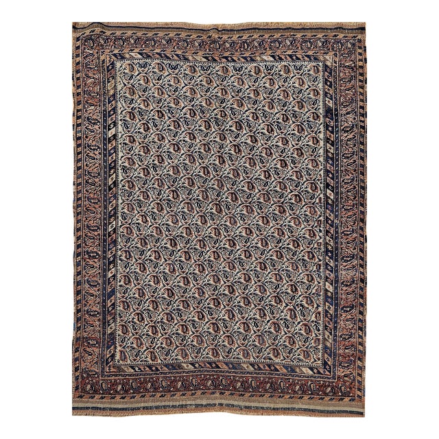 Late 19th Century Afshar Tribal Rug, Hand-Knotted Wool, All-Over Paisley Geometric Pattern, Ivory & Brown, 4x6 For Sale