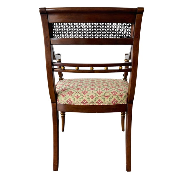 Textile Vintage Hickory Chair Neoclassical Cane Back Armchair With Gilt Accents & Floral Upholstery For Sale - Image 7 of 12