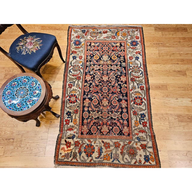 Textile Antique Persian Malayer Area Rug, Hand-Knotted Wool, Geometric Pattern, 4x7, Navy & Ivory For Sale - Image 7 of 17
