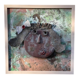 Funky Mixed-Media Copper & Brass 3d Relief Face Sculpture – Framed Wall Art For Sale