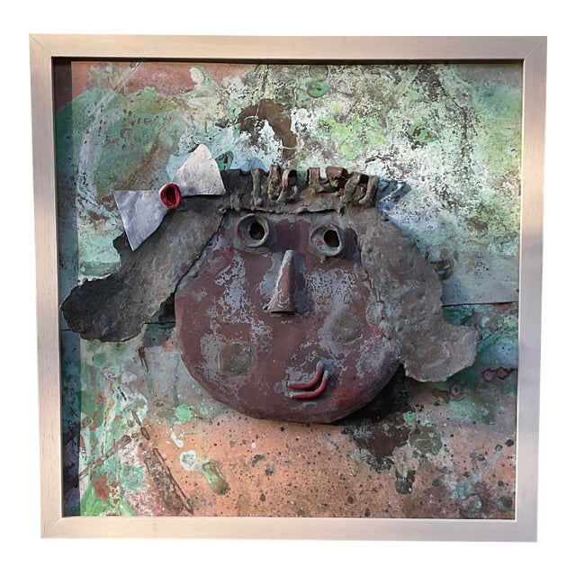 Funky Mixed-Media Copper & Brass 3d Relief Face Sculpture – Framed Wall Art For Sale