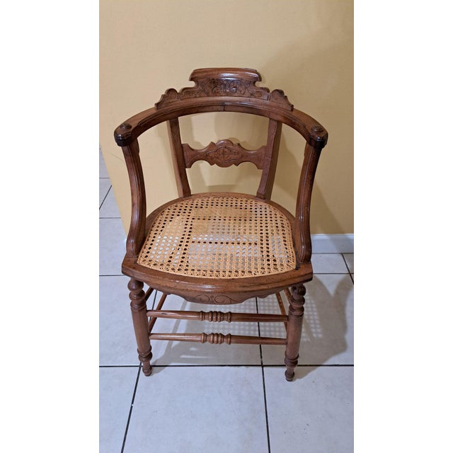 Brown Antique 1800s Wood Chairs Pair Carved Back Recaned Seats Refinished For Sale - Image 8 of 13
