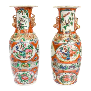Pair of Antique Chinese Export Famille Rose Canton Orange Ground Vases or Urns