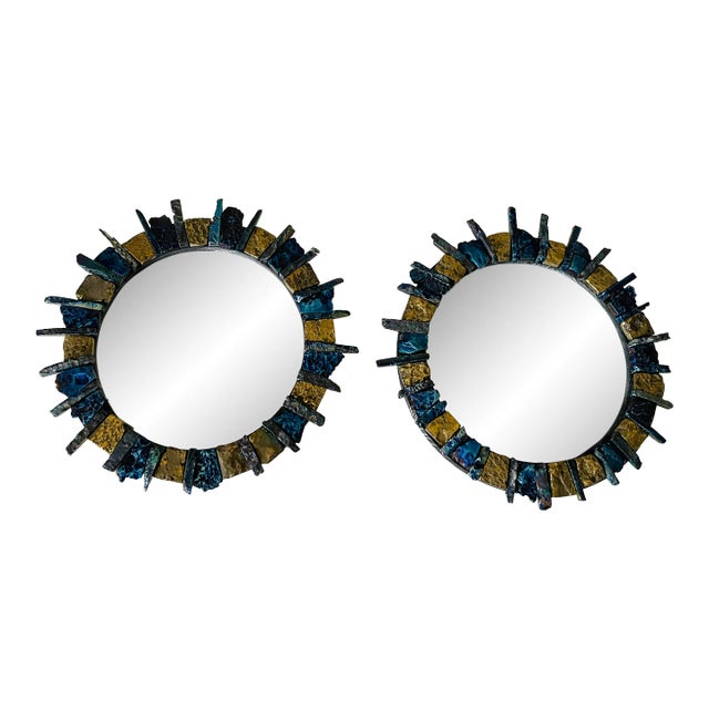 Fab Sunburst Mirrors Line Vautrine Style Agate Stone For Sale