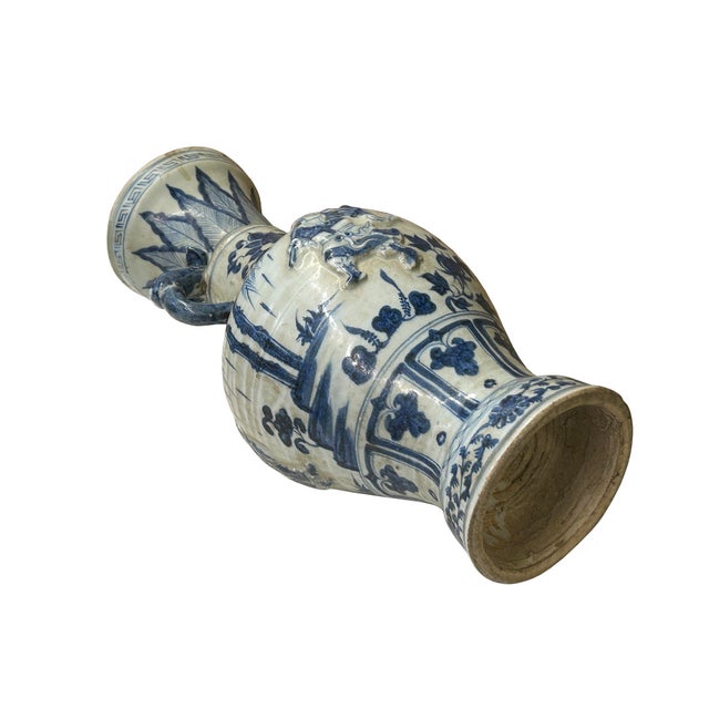 Oriental Distressed White Blue Relief People Motif Porcelain Art Vase For Sale - Image 4 of 15
