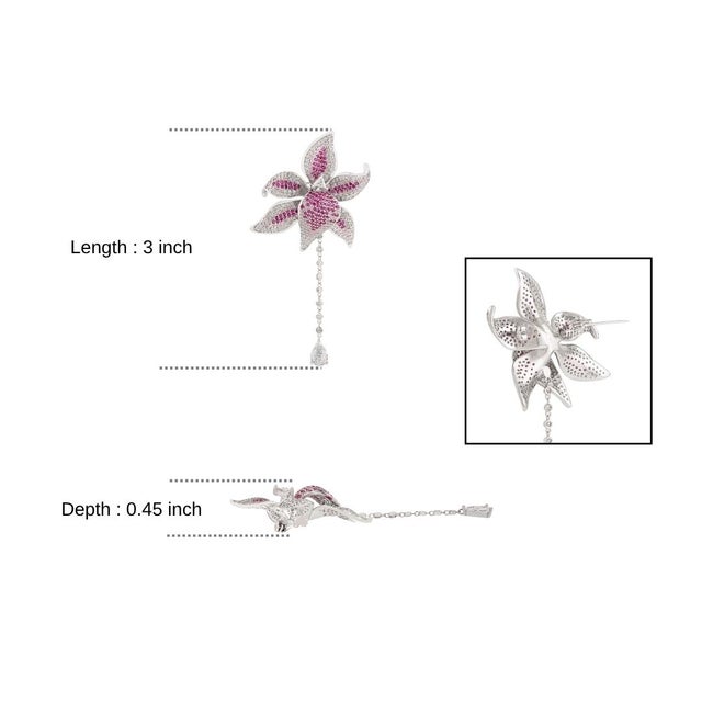 925 Silver Flower Brooch Pin With Moving Dangling Cz Diamond Charm For Sale - Image 10 of 14