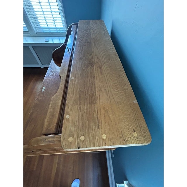 Brown Rare Antique Oak S-Curve Roll Top Desk by Myrtle Desk With Vintage Pioneer Manufacturing Oak Desk Chair For Sale - Image 8 of 18