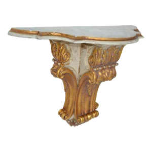 Signed Neoclassical Wall-Mounted Carved Gilt Wood & Marble Console Table, Spain