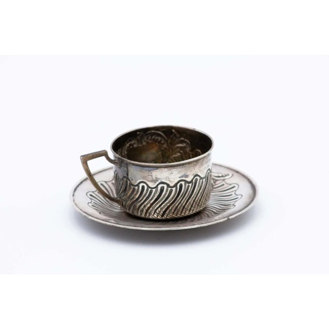 Silver Relief Cup and Saucer with Geometric Figures and Monogram Card, Set of 2 For Sale - Image 3 of 3
