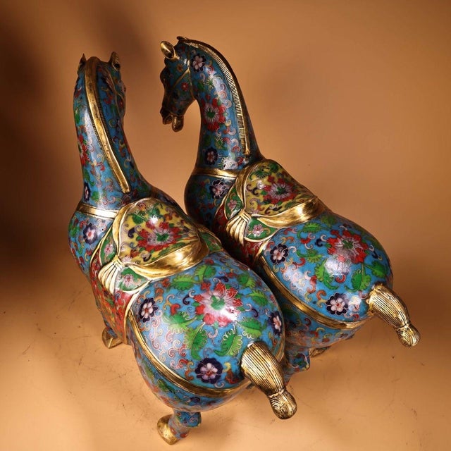 Late 19th Century Pair of Cloisonné Enamel Gilt Bronze Horse Figures, 14200g Total, Qianlong Mark For Sale In Los Angeles - Image 6 of 10