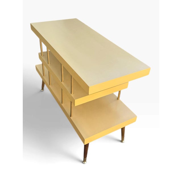 Vintage Mid-Century Modern Three-Tier Tangerine Console Table With Walnut and Gold Accents For Sale In Buffalo - Image 6 of 10