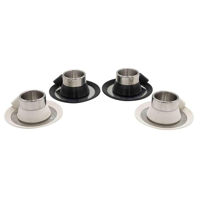 Black Stainless Steel Espresso Cups Set with Plates by Carlo Giannini, 1970s, Set of 4 For Sale - Image 8 of 8