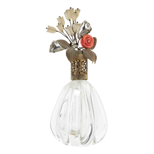 Clear Glass Perfume Bottle with Jeweled Top, 1930s For Sale