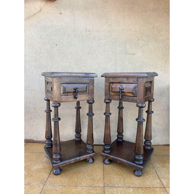 1940s Pair of Spanish Baroque Revival Night stands or Side Tables with Drawer For Sale - Image 4 of 8