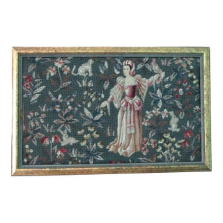 Medieval Lady Falconer Needlepoint Art in Antique Gold Frame Guc For Sale