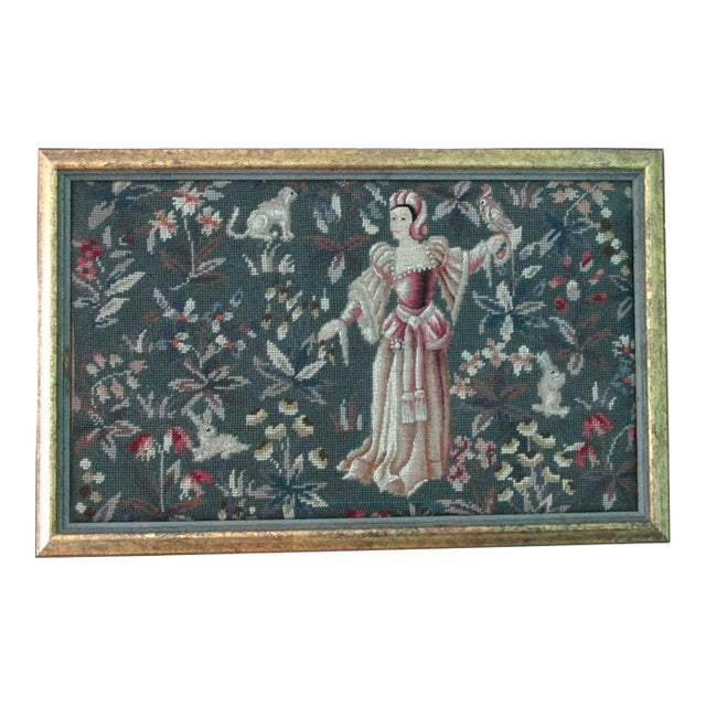 Medieval Lady Falconer Needlepoint Art in Antique Gold Frame Guc For Sale