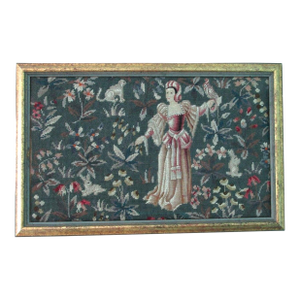 Medieval Lady Falconer Needlepoint Art in Antique Gold Frame Guc