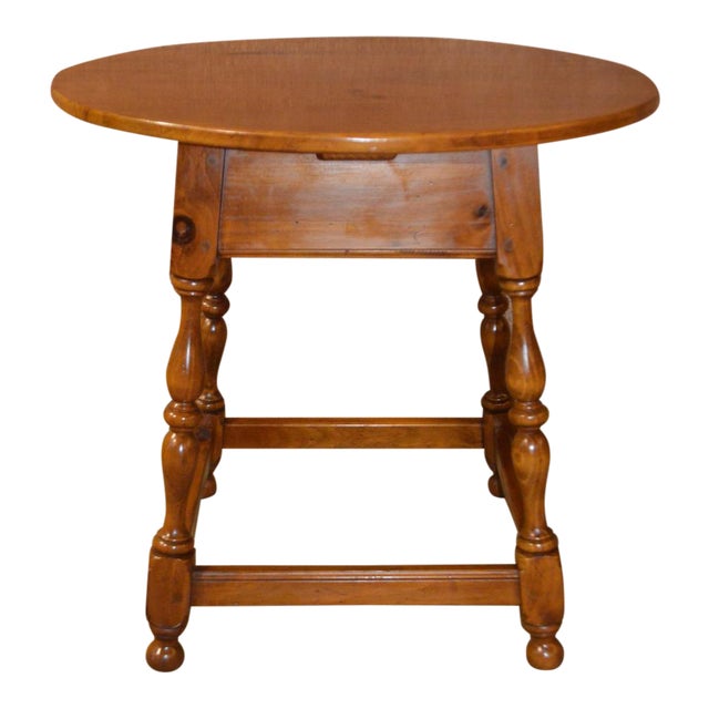 Vintage Ethan Allen Colonial Style Round Side Table W/Stretcher Base