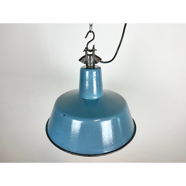 Industrial Blue Enamel Factory Lamp with Cast Iron Top, 1960s For Sale - Image 6 of 14