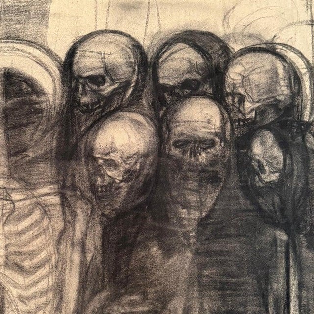 Charcoal 1980s Pair of Haunting Postmodern Charcoal Skeletal Figures Diptych Paintings For Sale - Image 8 of 13