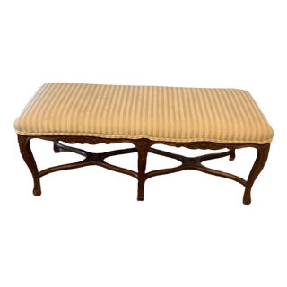 Vintage French Country Style Upholstered Bench – Carved Wood Frame For Sale