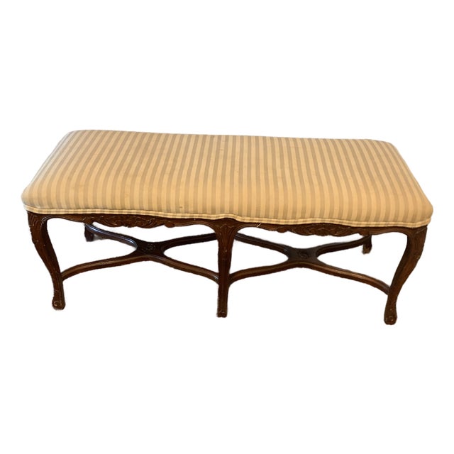 Vintage French Country Style Upholstered Bench – Carved Wood Frame For Sale